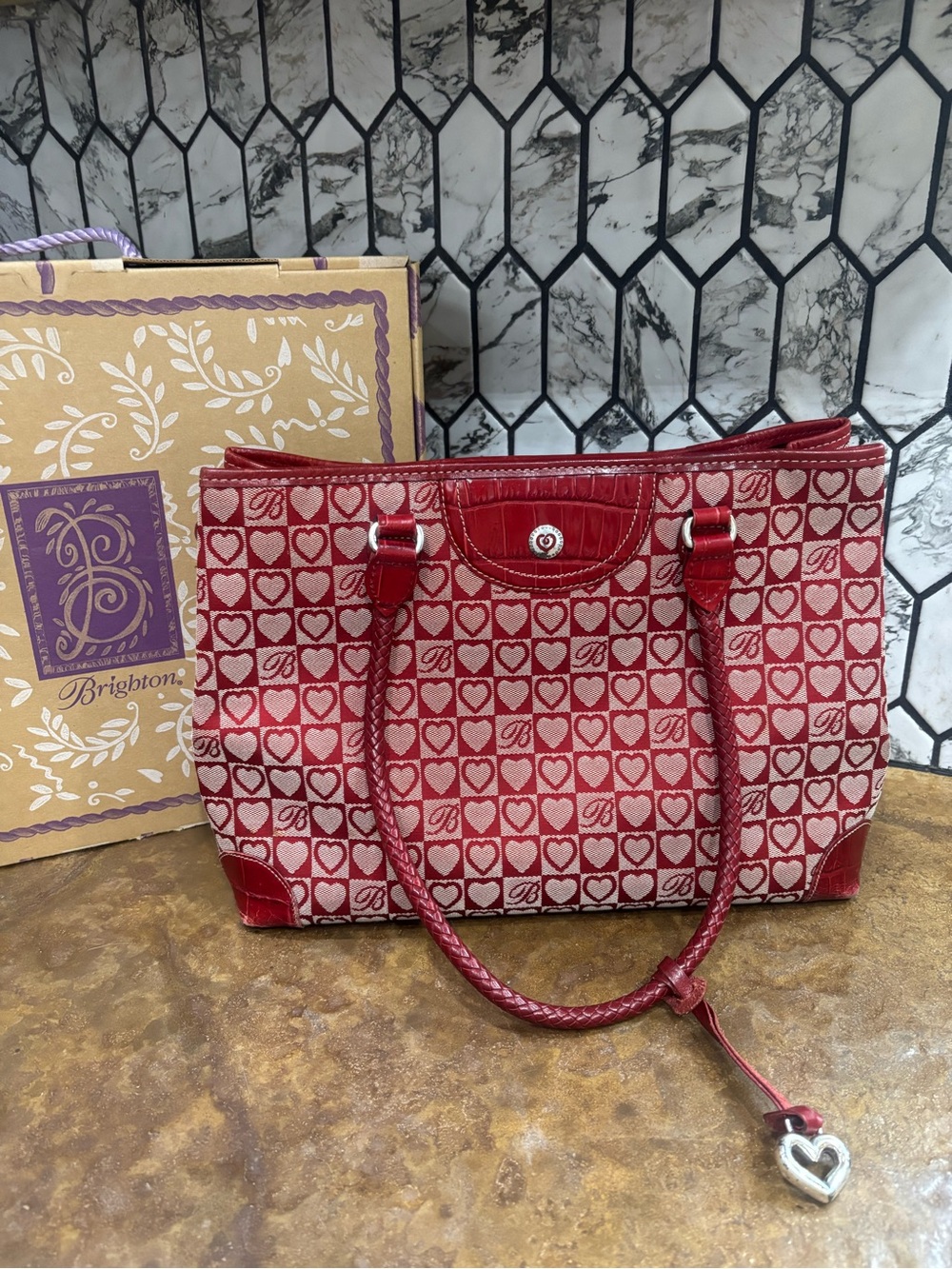 Brighton Red and Cream Heart Jacquard Shoulder Tote
